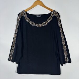 Lisa International Women's Top Plus 1X Black Beaded Neckline 3/4 Sleeve Dressy
